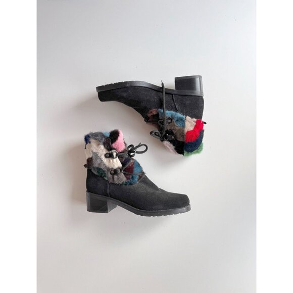 STUART WEITZMAN Black Suede Rainbow Rabbit Fur Trim Combat Boots, Size 8 - Picture 1 of 15